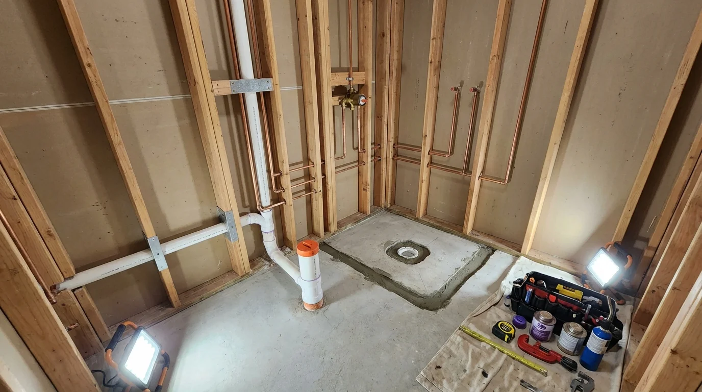 Bathroom rough-in plumbing during remodel by Johns Plumbing LLC in Dinuba