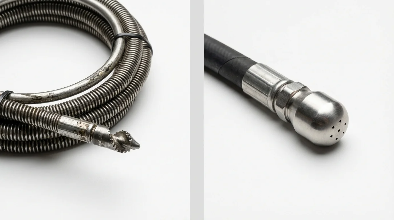 Drain snake cable and hydro jetting nozzle used for drain cleaning in Dinuba, CA