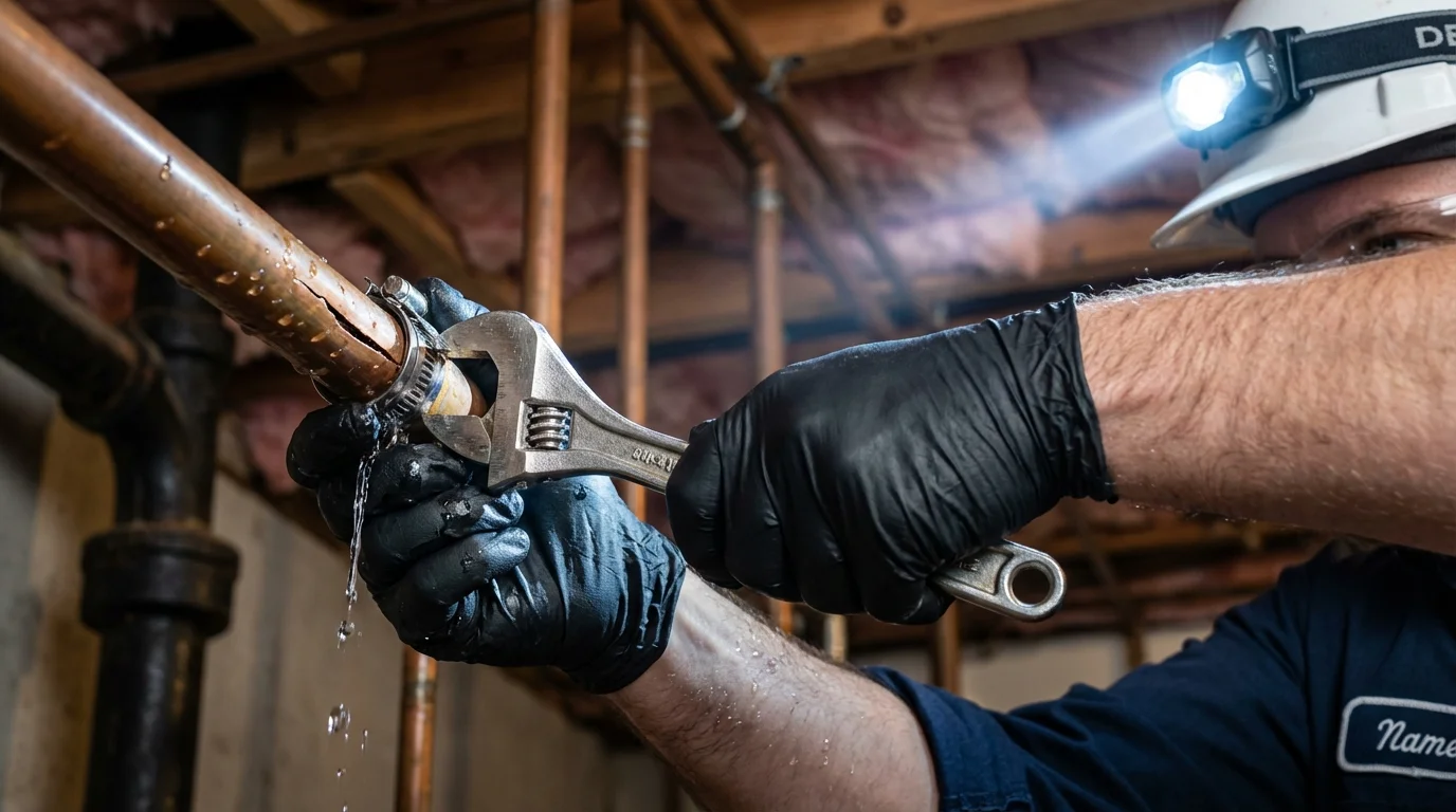 Emergency pipe clamp repair being performed by a Johns Plumbing LLC plumber in Dinuba