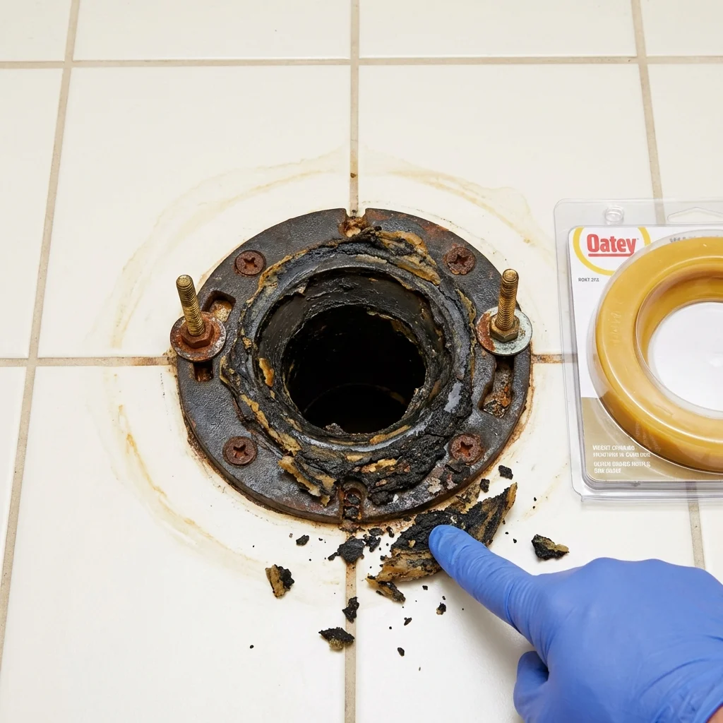 Failed wax ring showing water seepage at the base of a toilet in a Dinuba, CA home