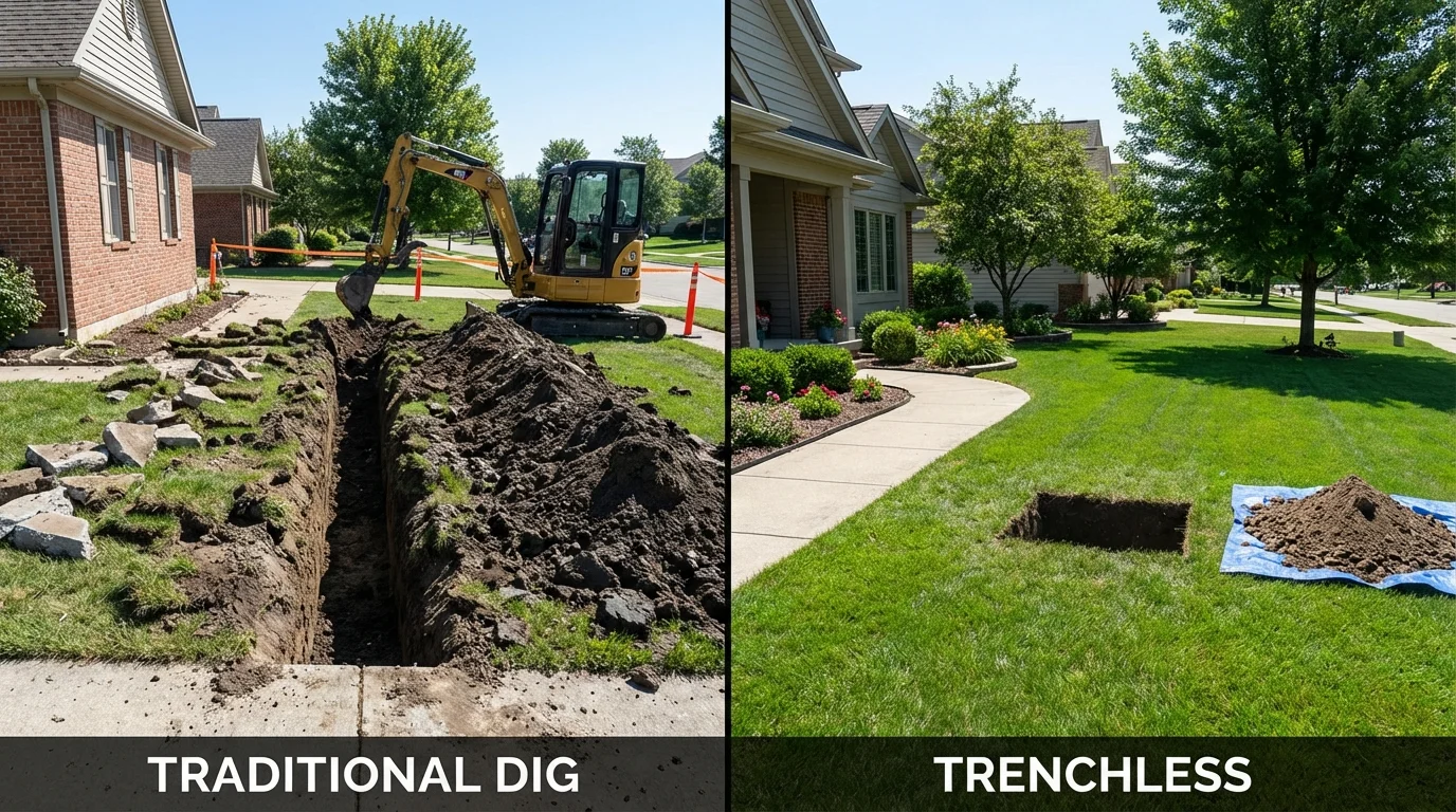 Trenchless sewer repair with minimal yard damage versus traditional excavation in Dinuba, CA