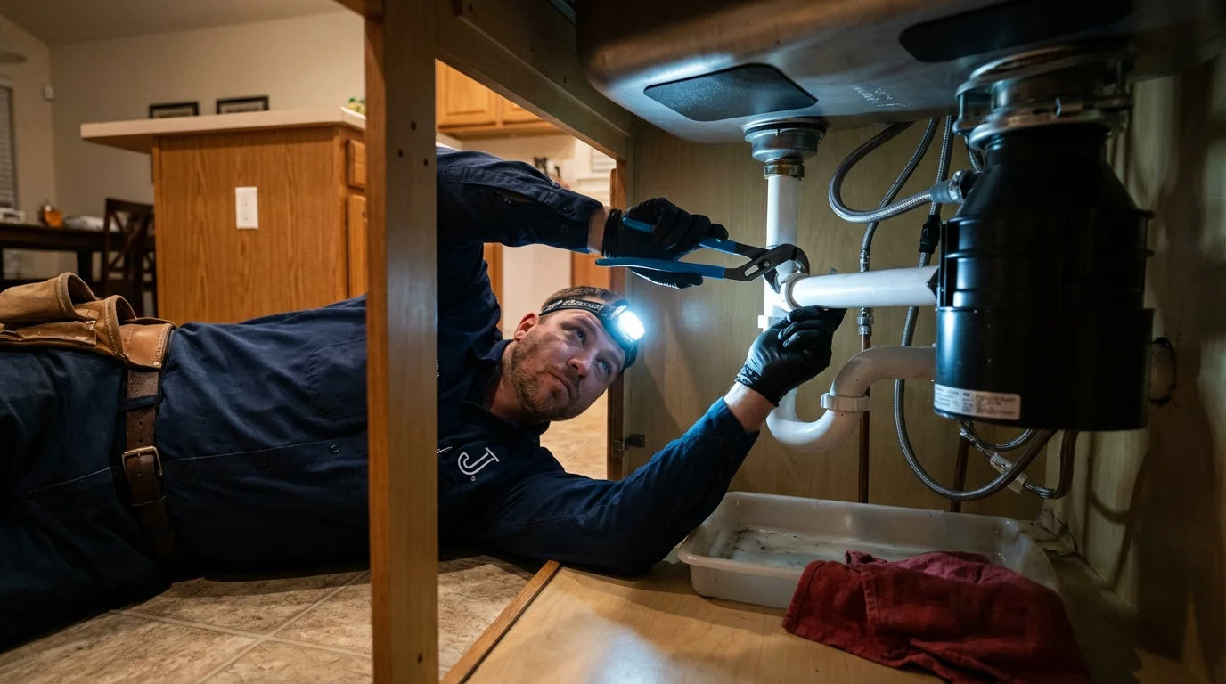 P-trap and supply line connections under a kitchen sink showing a common leak point in Dinuba, CA
